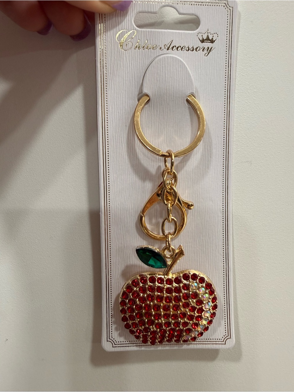 Keychain Rhinestone Apple - Gold with Red & Green Gems new